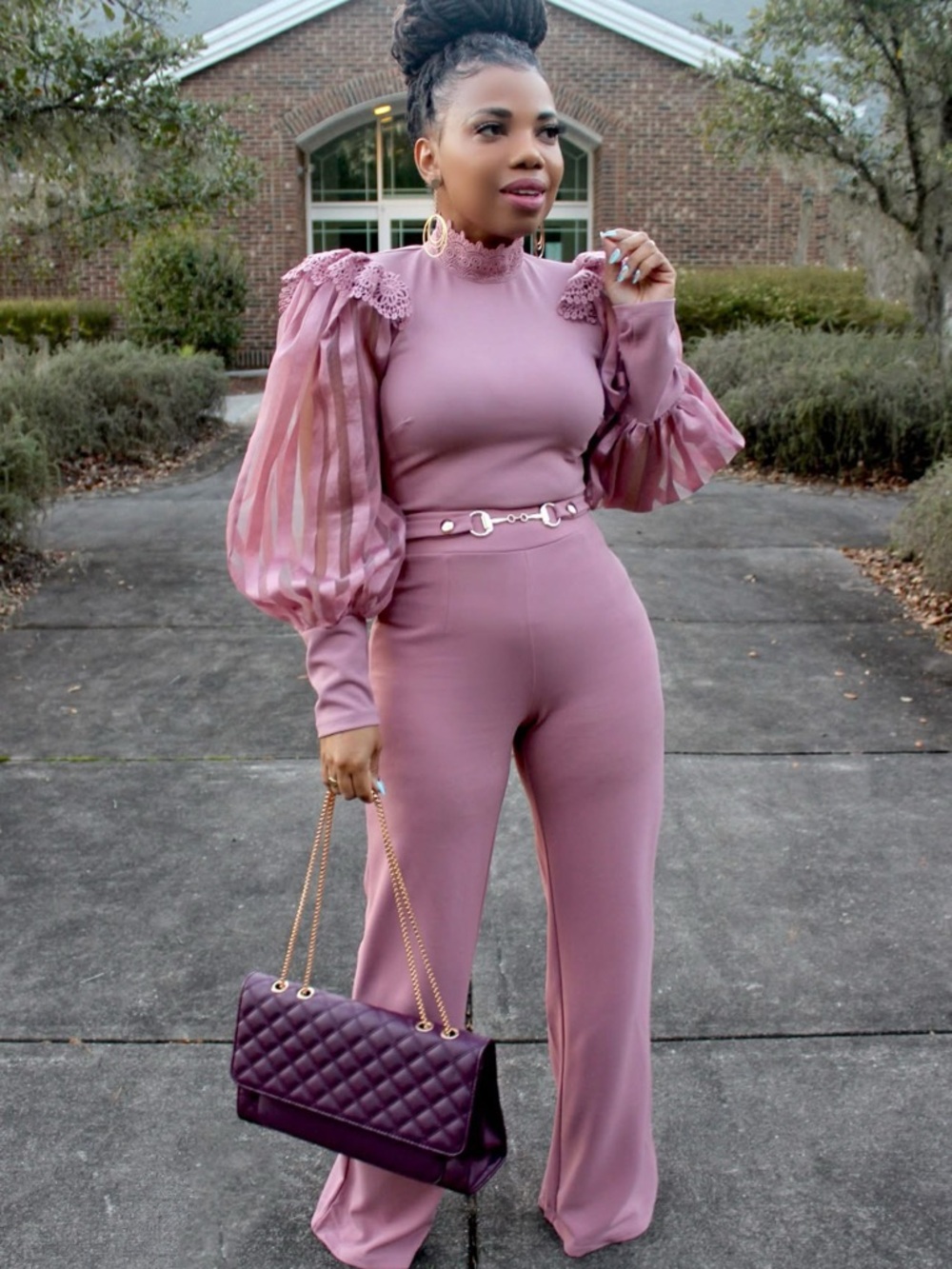 Striking Dusty Rose Puff-Sleeve Top with Belted High Waisted Pants